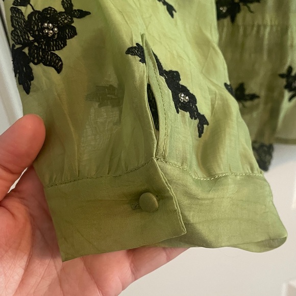 NIC+ZOE Olive Green Ruffle V-Neck Blouse with Black Floral Embroidery - Picture 8 of 8